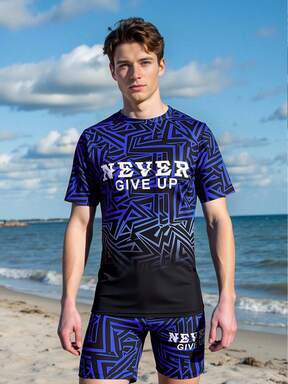 Set de 2 piezas de ropa de playa para adolescentes varones con estampado degradado en azul marino, de tela elástica y de secado rápido, cómoda, adecuada para la playa, la piscina, la , el surf, las vacaciones, el verano y los viajes