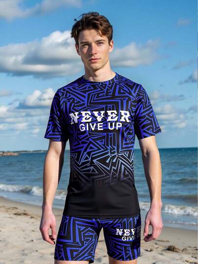 2件套青少年男童海军蓝渐变印花弹力速干舒适针织面料沙滩装，适合海滩、泳池、海边、冲浪、度假、夏季、旅行