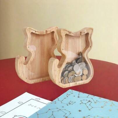 Joivida Encantador Banco de Monedas con Forma de Gato de Madera con Tapa de Vidrio Transparente - Diseño de Animal Único para Almacenamiento de Monedas para Decoración del Hogar, Regalo Perfecto para Cumpleaños, Navidad, Acción de Gracias, Pascua y talla grande, Organizador de Escritorio y Cajón para Almacenamiento en el Hogar