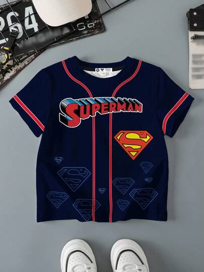 SUPERMAN X SHEIN 青少年男孩圆领短袖夏季舒适休闲卡通深红色深蓝色运动条纹针织英文字母图案T恤