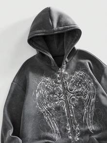 ROMWE MEN Street Life 男士翅膀印花连帽卫衣 - 深灰色 - 查看 3