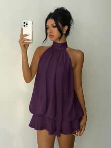 Aloruh Women's Elegant Light Yellow Halter Tie Mini Dress Purple Summer Dress - Purple - View 4