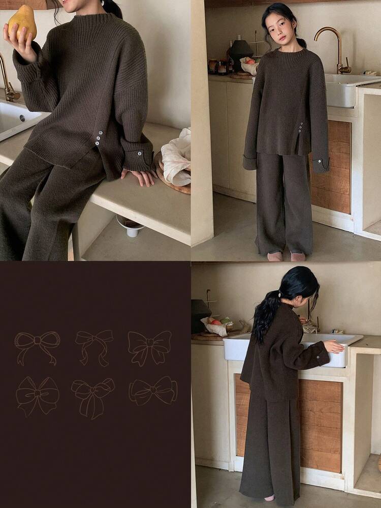 Tween Girl Solid Color Crew Neck Long Sleeve Sweater And Pants Casual Outfit