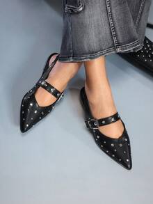 CUCCOO GRLICON Zapatos planos de moda casual diaria para mujer con diseño de hebilla - Negro - Ver 2