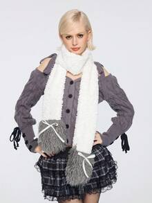 ROMWE Goth 1条灰白Y2K风格可爱甜美蝴蝶结撞色舒适时尚围巾，适合上学、购物、旅行、圣诞节等场合。 - 米色 - 查看 2