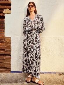 Maija 女士优雅时尚全印花半身裙 动物印花度假服 奶牛印花长裙 - 棕色 - 查看 4