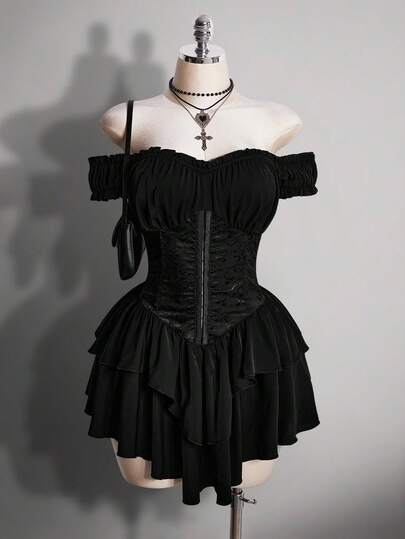 SHEIN ICON Plus Size Women's Black Ruched Jacquard Waist Tie Splice Ruffle Trim One Shoulder Layered Ruffle Hem A-Line Chiffon Mini Dress, Party & Casual Gothic Dress Black Corset Dress Vampire Dress Off Shoulder Dress