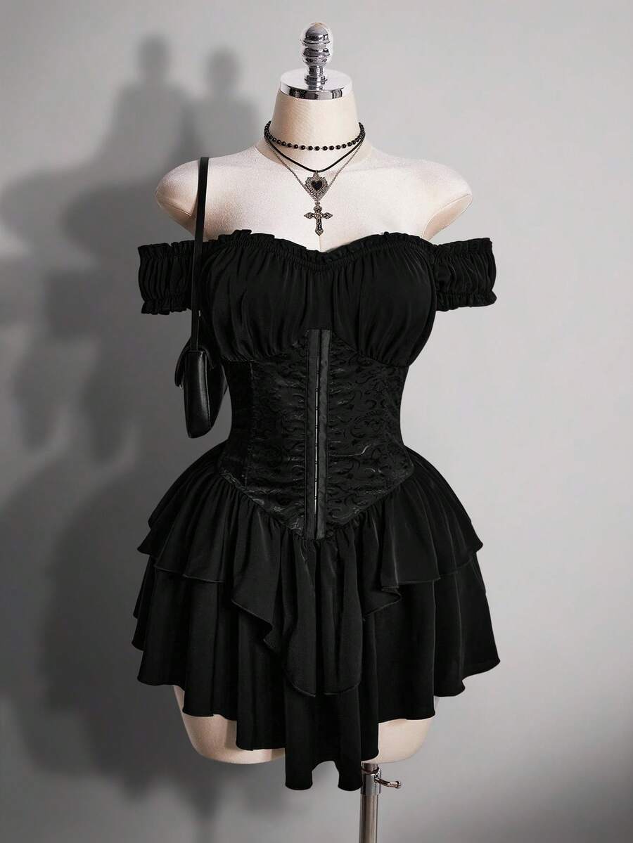 SHEIN ICON 大码女式黑色褶皱提花腰带拼接荷叶边单肩层叠荷叶边下摆A字雪纺迷你连衣裙，适合派对和休闲场合 - 黑色 - 查看 1