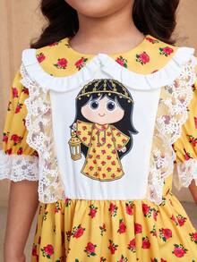 Young Girl Elegant Floral Rose Print Half Sleeve Collar Dress, Lace Trim, Suitable For Vacation, Casual Outing, Holiday Party, Spring/Summer, Young Girls Dresses For Girls Yellow - Yellow - View 7