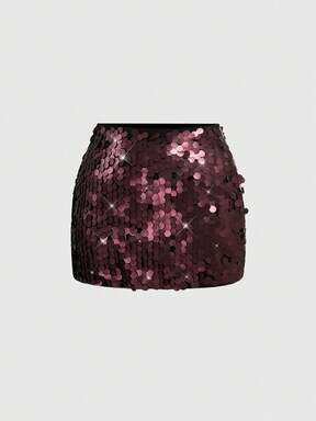 ROMWE Avant Plus Size Women's Glitter Sequin Skirt, Wine Red, Pair With Top, Matte Finish, Holiday Edition