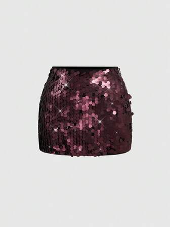 ROMWE Avant Falda de lentejuelas brillantes para mujer de talla grande, color rojo vino, para combinar con parte superior, acabado mate, edición navideña
