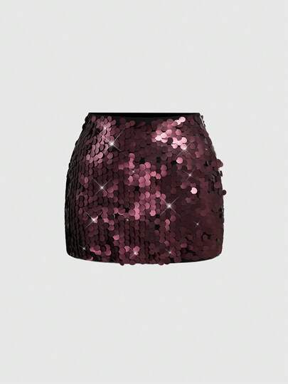 ROMWE Avant Jupe à paillettes et sequins pour femmes grande taille, rouge vin, à porter avec un Top, finition mate, édition des fêtes