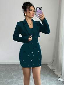 Elenzga 女士优雅浪漫套装：短款西装外套搭配束腰珍珠装饰连衣裙 - 水鴨藍 - 查看 6