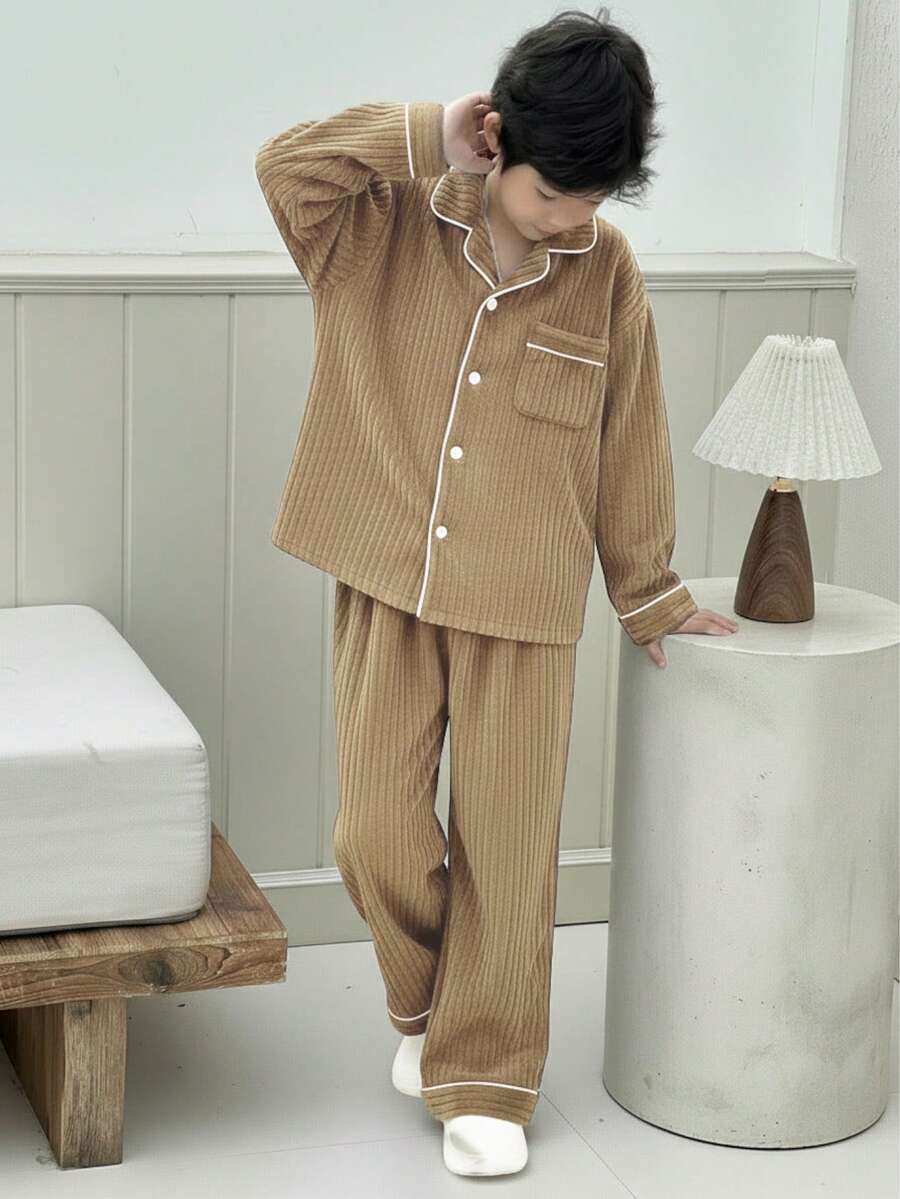 Set de 2 piezas de ropa de estar cómoda para niño preadolescente con cardigan azul marino de felpa de manga larga y pantalones - Caqui - Ver 1