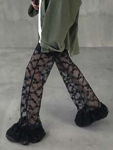 FRIFUL Pantalones casuales rectos de cintura elástica de unicolor, de tela de encaje transparente, versátiles para otoño/invierno - Negro - Ver 6