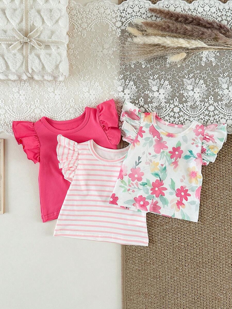 SHEIN Playful Pals Bộ 3 áo thun cổ tròn họa tiết hoa và sọc dễ thương cho bé gái, thoải mái và mềm mại, thích hợp cho các buổi đi chơi mùa xuân/hè và ở nhà, có thể dùng làm quà tặng - Nhiều màu - Xem 1