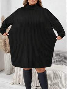 SHEIN CURVE+ 大码休闲简约高领罗纹磨毛红色毛衣连衣裙，适合日常穿着以及圣诞节/2026/新年等场合。 - 黑色 - 查看 6