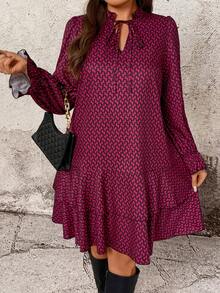 Breezaya Plus Size Women Geometric Print Ruffle Hem Long Sleeve Casual Swing Dress Lantern Sleeve Dress Patterned Dress - Burgundy - View 4