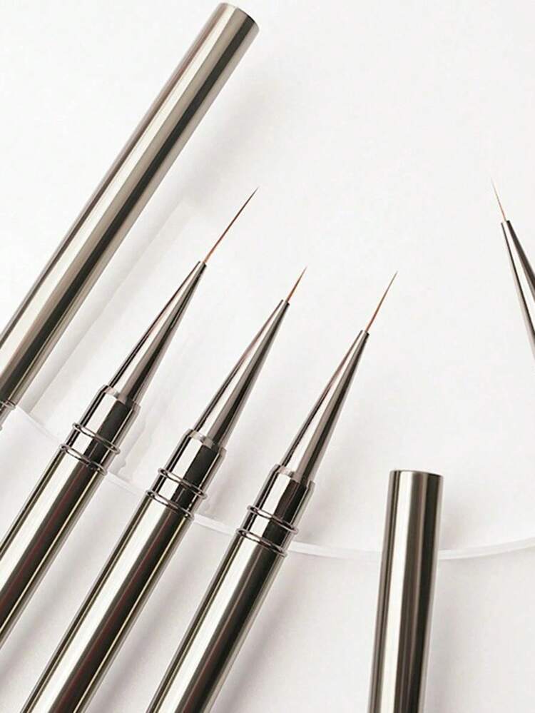 5pcs Nail Liner DIY Drawing Painting Flower Line Stripes Pen Size 6/9/12/15/18mm Metal Handle Nail Art Brush With Cover Nail Polish Brush - Silver - View 2