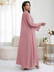 Al Najma Women's V-Neck Applique Design Long Sleeve Loose Casual Arabic Style Dress - Dusty Pink - View 2