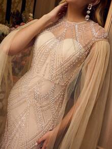 MOTF Soiréza ELEGANT ULTRA-LONG TULLE SLEEVE ROUND NECK FLOOR-LENGTH MERMAID EVENING GOWN – SHEER FRONT & BACK DESIGN DRESS WITH SPARKLY BEADED FABRIC ACCENTS, FITTED SILHOUETTE FOR WEDDINGS, GALAS & SPECIAL OCCASIONS FOR WOMEN - Champagne - View 3