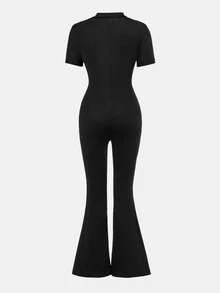 少女休闲纯色拉链喇叭连体裤