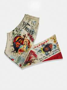 ROMWE MEN Men's Casual Fashionable Street Jesus, Virgin Mary, Cross, Floral Print Drawstring Waist Flare Pants, Couple Matching - Multicolor - View 2