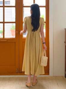 DAZY Robe élégante et simple pour femmes avec col claudine, manches bouffantes, taille cintrée, plis plissés et ourlet évasé. Robe d'été - Jaune citron - Voir 4