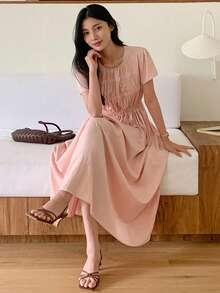 Women's Solid Color Round Neck Raglan Short Sleeve Midi Dress - Pink - View 1