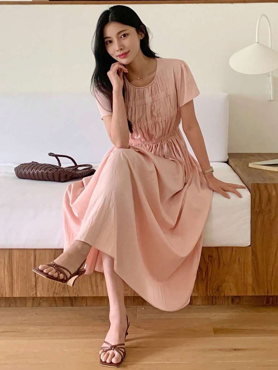 Women's Solid Color Round Neck Raglan Short Sleeve Midi Dress - Pink - View 1