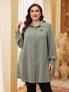 Lacomfia Plus Size Long Sleeve Solid Color Embroidered Button-Up Casual Shirt Fall - Green - View 6