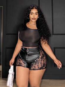 Slaydiva 2025新款夏季休闲街头性感Y2K辣妹风日常约会生日派对蕾丝拼接PU铆钉装饰前中假门襟和孔眼装饰黑色PU超短裤紧身迷你裤女短裤-B - 黑色 - 查看 6