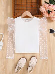 Ung flicka enfärgad rund halsad t-shirt med kontrasterande mesh och Gigot-ärm - Vitt - Visa 2