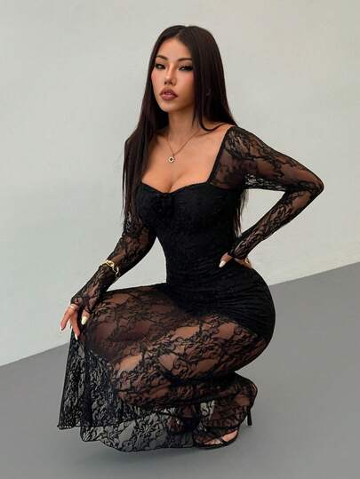 SHEIN PETITE Women's Elegant Romantic Fashion Commuter Sexy Elegant Style Dress, Suitable For Party, Vacation, Back To School, Romantic Date And Wedding Birthday, Valentine's Day, Lace Patchwork 3D Floral Decor Long Sleeve Bodycon Dress Sexy Black Dresses Black See Through Dress Slay Diva Dress Photoshoot Dress Women Tight Long Dress