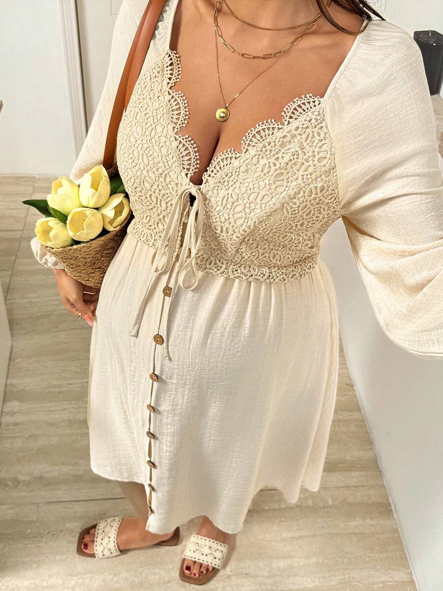 SHEIN Maternity Tie Front Single-Breasted Casual/Commute Lantern Sleeve Dress Cream Dress Maternity Dress Vacation Dress Button Up Dress Beige Dress Lace Detail Dress Long Sleeve Dress Summer - Apricot - View 1