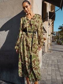 Maija Women's Full Print Frill Trim Tie Neck Long Sleeve Cinched Waist Elegant Dress,Fall Dresses For Women - Multicolor - View 6