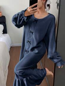 SHEIN Camisón de mujer de unicolor con decoración de lazo, volantes y mangas abullonadas - Azul Marino - Ver 6