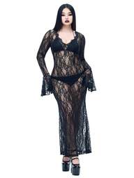 Coolane Women's Plus Fall/Winter All-Season Grunge Goth Y2K Sexy Punk Witch Lace Halloween Outfits Party Lace Puff Sleeves Comfortable Stretchy Break Outfits Waist-Cinched Off The Shoulder Long Bell Sleeve Black Maxi Dress Black Coverups For Women Black See Through Dress Sheer Dress Women