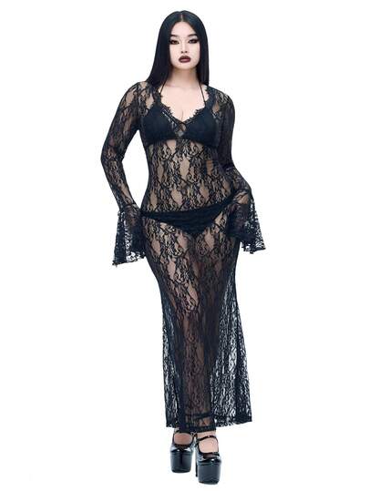 Coolane Women's Plus Fall/Winter All-Season Grunge Goth Y2K Sexy Punk Witch Lace Halloween Outfits Party Lace Puff Sleeves Comfortable Stretchy Break Outfits Waist-Cinched Off The Shoulder Long Bell Sleeve Black Maxi Dress Black Coverups For Women Black See Through Dress Sheer Dress Women