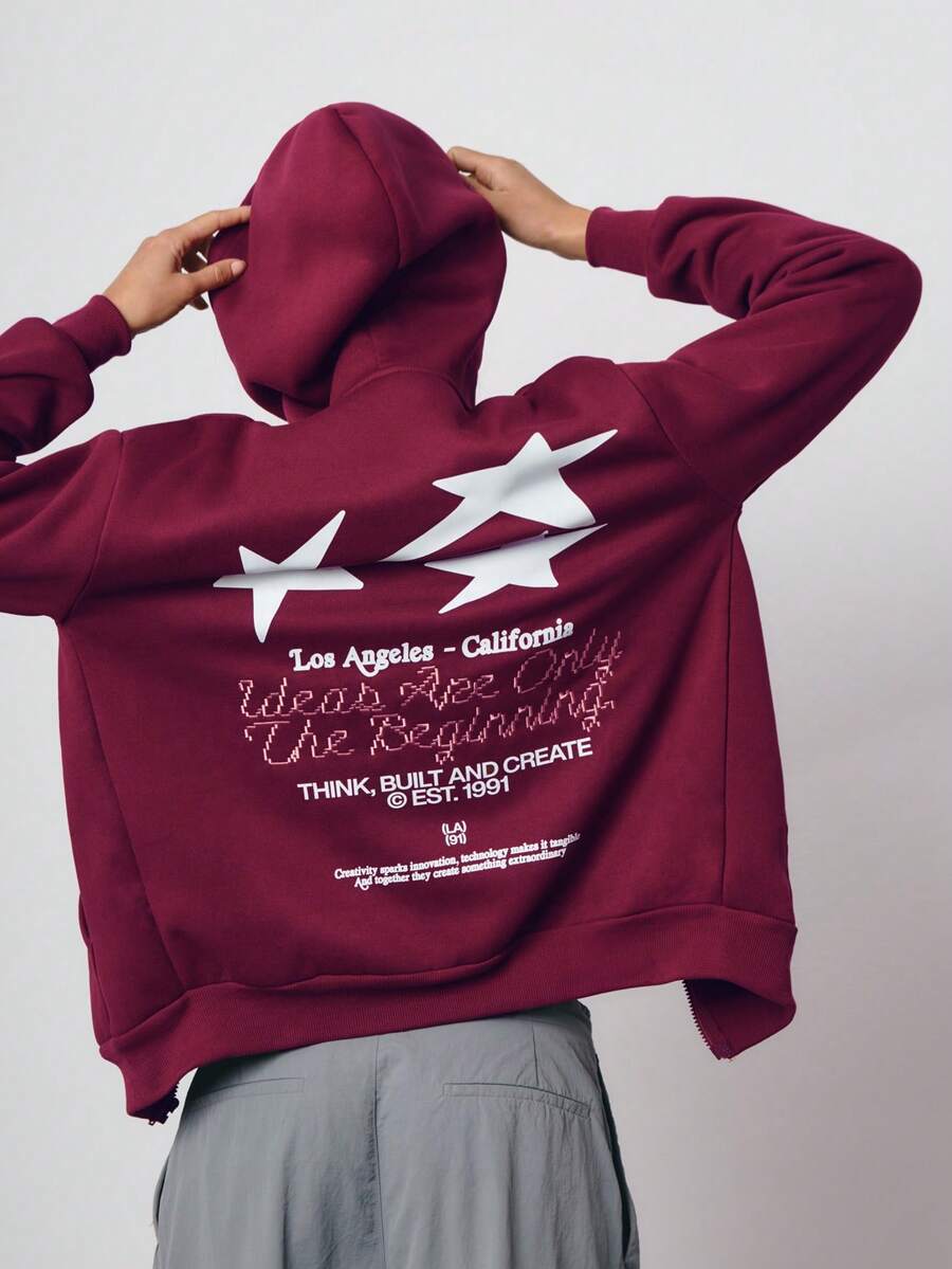 SURIMA Casual Red Violet Zip Up Knitted Hoodie With Random Print Long Raglan Sleeves And Tight Hem For Women - Red Violet - View 1