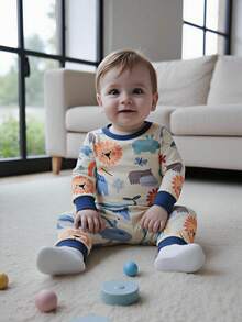 SHEIN 男婴舒适睡衣套装，花卉印花柔软针织圆领长袖上衣和松紧腰长裤 - 彩色 - 查看 8