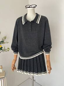 SHEIN Unity Suéter feminino de lã com gola alta e mangas compridas, estilo retrô universitário, casual e confortável para uso diário, volta às aulas, chá da tarde e outono. - Cinza escuro - Ver 5