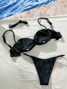 Swim Mod Bộ 2 món đồ bơi bikini dây mảnh màu trơn cho kỳ nghỉ hè, có gọng, gồm áo ngực nâng ngực và bikini có gọng, bikini nâng ngực kín đáo, bikini dây bện, bikini đen, bikini cạp cao. - màu đen - Xem 2