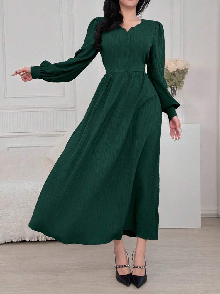 Feyla Women's Elegant Commuter Solid Color Lantern Sleeve Long Dress - Dark Green - View 4