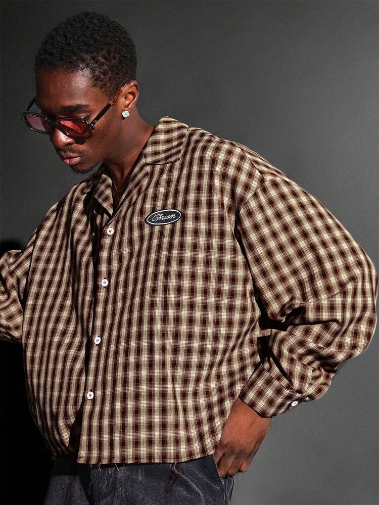 Brown Check Button Down Shirt With Patch