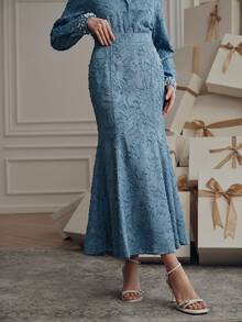 Anewsta Women's Elegant Jacquard Fabric Mermaid Skirt - Blue - View 4