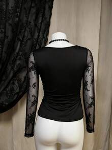 Sunspun Women's Solid Black Lace Splice V-Neck Sexy Elastic Knit Slim Fit Long Sleeve T-Shirt, Cute Bow Tie Collar, Suitable For Daily Wear, Spring & Autumn - Black - View 2