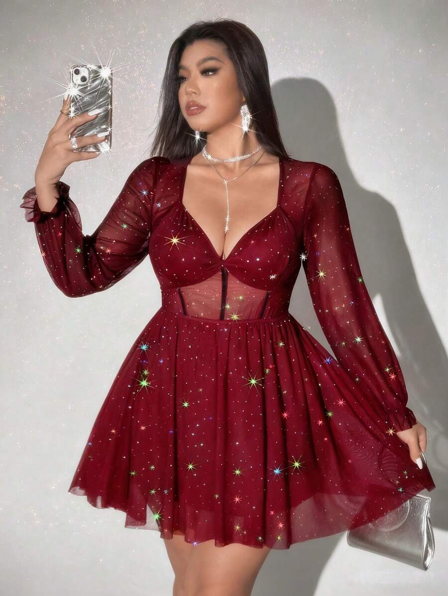 Viva Relle 大码女式性感V领长袖A字迷你紧身连衣裙,适合派对和情人节穿着 - 酒紅色 - 查看 1