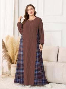 Lacomfia Women's Plus Size Long Sleeve Round Neck Brushed Plaid Patchwork Faux Pocket Knit Simple Elegant 2-Piece Set - Brown - View 5