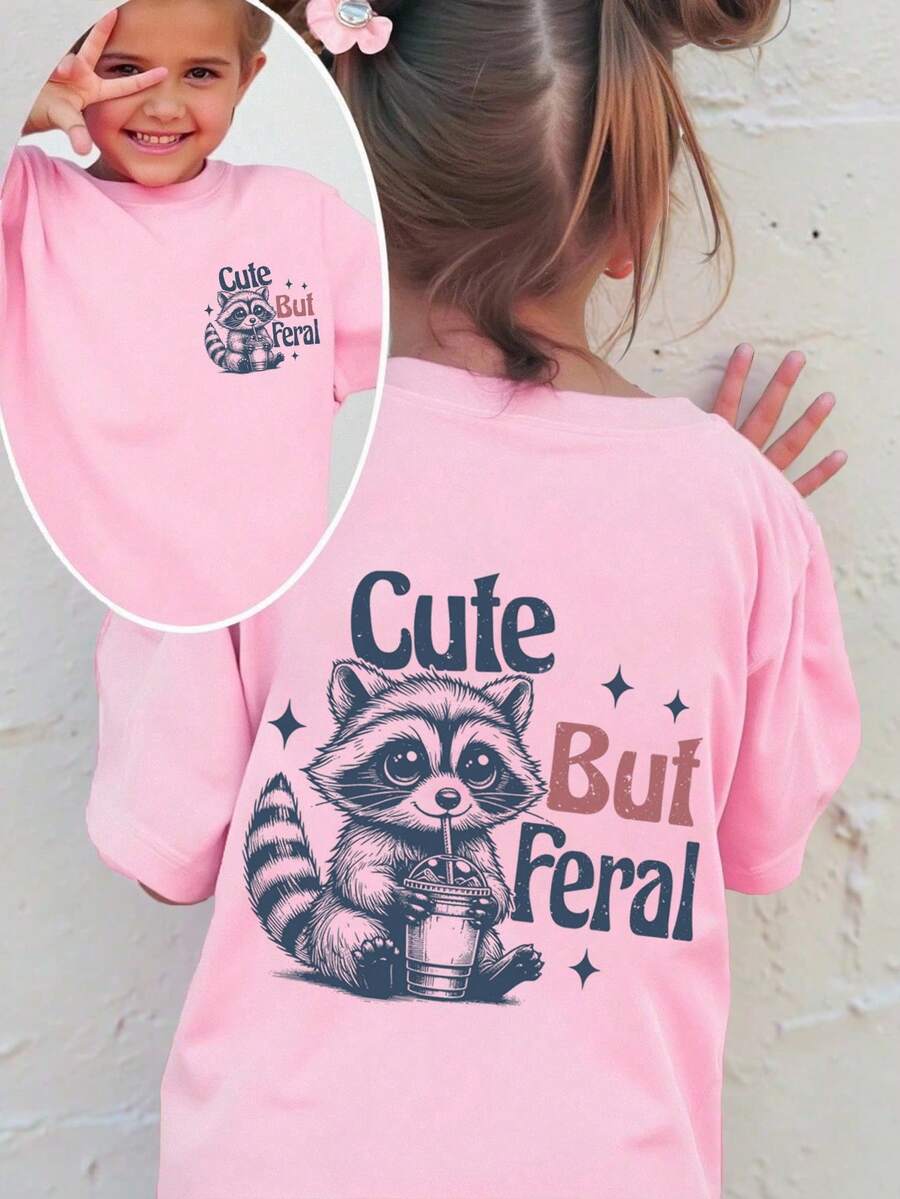 SHEIN Áo thun tay ngắn in hình gấu trúc dễ thương và khẩu hiệu cho bé gái, thời trang và thoải mái cho mùa xuân/hè - Hồng - Xem 1